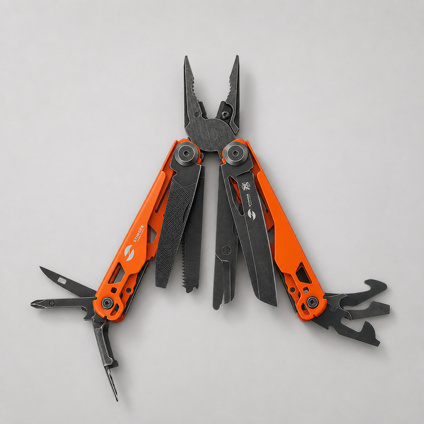 Мультитул Stinger, 107 х 19 мм, 19 функций, сталь, оранжевый корпус, стоунвош, в картонной коробке, в комплекте нейлоновый чехол